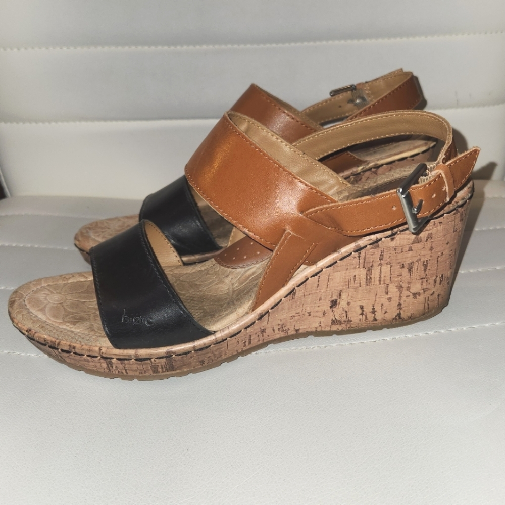 BOC Born Cork Sandals 9 Wedge Brown Black Leather
